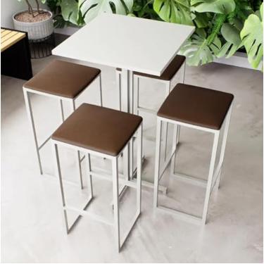 Imagem de Conjunto Mesa Alta Bar Bistrô Quadrada Branca 4 Bancos Estofado Industrial White (Marrom)