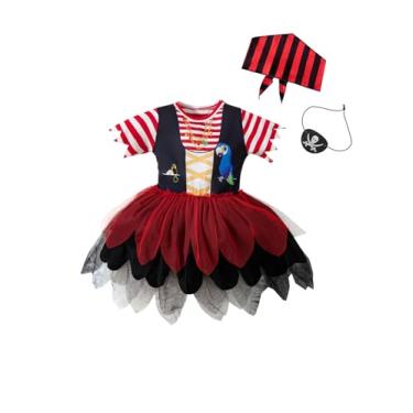 Imagem de MOMMY'S NEW MAN Vestido infantil de tutu pirata bucaneiro do mar e cachecol de cabeça com máscara de olho de pirata (3-4 anos, vermelho)