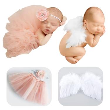 Imagem de Acessórios para fotos para meninas recém-nascidas adereços para fotografia - saia tutu rosa e conjunto de asas de anjo para meninas - acessórios para fotos recém-nascidas roupas de menina