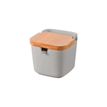 Imagem de Porta Tempero de Cozinha com Tampa de Madeira, Cinza e Laranja, Recipiente para Condimentos