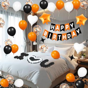 Imagem de Orange Birthday Balloons Decorations Orange Black and White Halloween Birthday Balloon Letters Banner with 6Pcs Star Balloons Artificial Rose Petal 24 Flameless LED Candles for Halloween Bday Decor