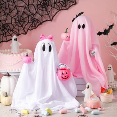 Imagem de Janinka 2 peças de decorações de fantasma de Halloween DIY fantasmas assustadores decoração de mesa monstro de Halloween assustador peça central festa casa mesa sala cozinha escritório (laço rosa)