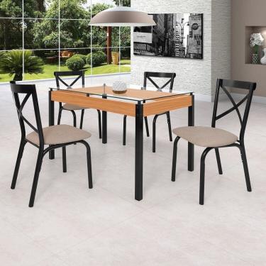 Imagem de Conjunto Sala de Jantar Mesa 120cm X 77cm Tampo Vidro com 4 Cadeiras Karina Preto Fosco / Bege