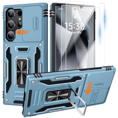 Imagem de keduizhang Capa para Samsung Galaxy S26 Ultra com protetor de tela HD, capa deslizante para câmera, anel de suporte, capa resistente à prova de choque de grau militar, azul claro