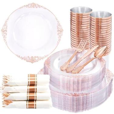 Imagem de Conjunto de louças de plástico descartáveis Nervure Rose Gold 350 unid