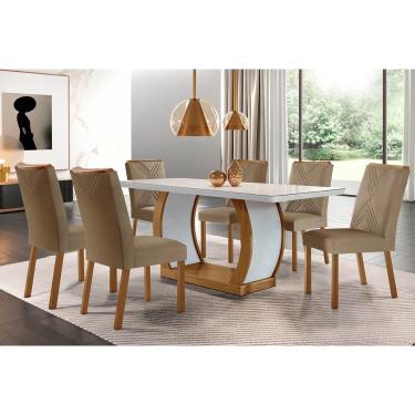 Imagem de Conjunto: Mesa de Cozinha Jade c/ Tampo Madeirado c/ Vidro Canto Curvo 180x90cm e 6 cadeiras Amsterdã Imbuia/Off White - Suede Capuccino - Rufato