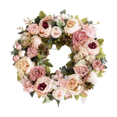 Imagem de IEUDNS Guirlanda de primavera para porta da frente, flores artificiais de peônia, para áreas internas e externas, 15,75 polegadas, guirlanda para festival de, Champanhe