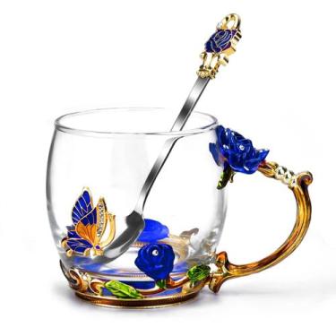 Imagem de Caneca de vidro esmaltada OEAGO com rosa azul e colher de borboleta