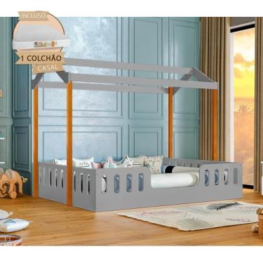 Imagem de Cama Infantil + Kit Casal Casinha Segura Montessoriana Ágatha Cinza E Mel