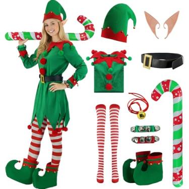 Imagem de Poybraxh Conjunto de 9 peças para fantasia de elfo de Natal, vestido de veludo, ajudante do Papai Noel, roupas cospaly, chapéu de elfo, orelhas, sapatos, meias, cinto, bengala, Verde, 3G