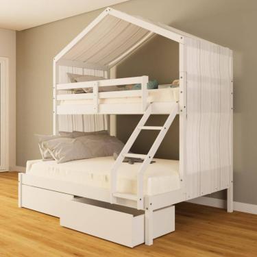 Imagem de Beliche Casal/ Solteiro Casinha com Gavetas e Cortina Madeira Maciça Branco Megamobilia