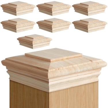 Imagem de Soaoo 8 peças de tampas de poste de madeira clássicas de cedro tampas de poste de madeira kit de montagem de newel resistente para caixas de correio de cercas internas e externas decks (15 x 15 cm)