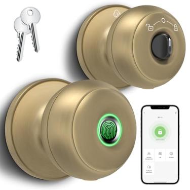 Imagem de GeekTale Fechadura de porta de impressão digital para quartos, maçaneta de porta com impressão digital com fechadura, fechadura inteligente, controle de aplicativo, chaves de reserva, maçaneta de
