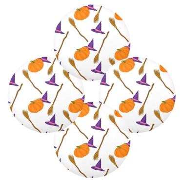 Imagem de Wassud Jogo americano conjunto de 4 tapetes de mesa redondos de abóbora e vassouras para cozinha e jantar tapetes laváveis resistentes ao calor decoração de mesa 39 cm