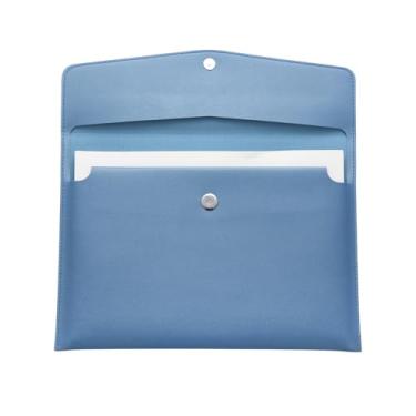 Imagem de PATIKIL Pasta de arquivo A4 de couro macio PU, suporte de documentos de 33 x 23 cm à prova d'água com fecho de pressão organizador de portfólio para escritório, casa, papelaria, azul claro