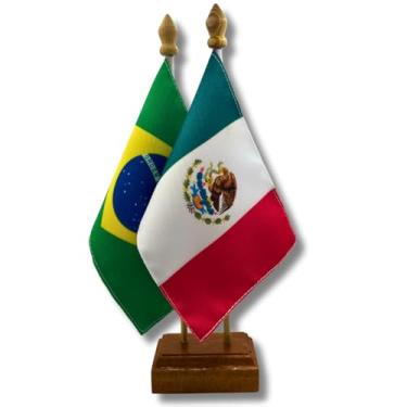 Imagem de Bandeira de Mesa Elegance Brasil e México, Dupla Face, Base em Madeira, 19x13cm, Oxford, Decorativa, Escritório e Eventos