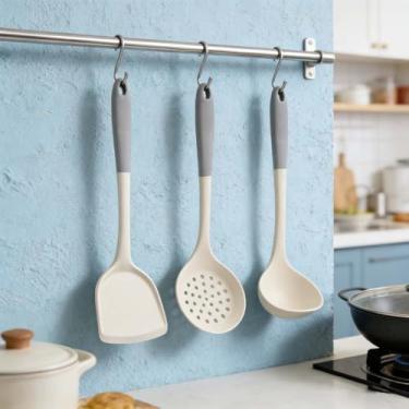 Imagem de Conjunto de utensílios de cozinha em dois tons, conjunto de espátula e concha de silicone antiderrapante durável, fácil de segurar, cabo ergonômico para cozinhar, mexer e servir (branco e cinza)