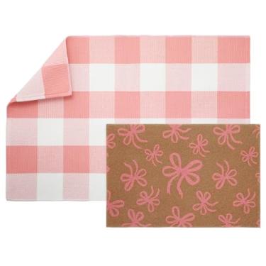 Imagem de Maasechs 2 capacho de boas-vindas com laço rosa 61 x 89 cm, tapete xadrez rosa branco e externo e 40 x 61 cm, tapete de boas-vindas com arco coquete, tapete de boas-vindas antiderrapante para entrada