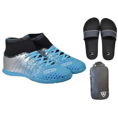 Imagem de Chuteira Futsal Botinha Adulto Costurada Quadra + Chinelo Slide + Moch