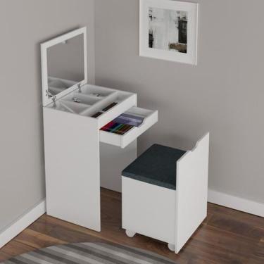 Imagem de Penteadeira Quarto Compacta com Espelho 1 Gaveta e Puff MDP Branco/Tec
