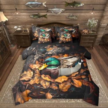 Imagem de Erosebridal Conjunto de edredom completo de caça de pato mallard com lençol de 7 peças, folhas de outono em uma bolsa de caça, pato da floresta, para meninos, adolescentes e adultos, conjunto de cama