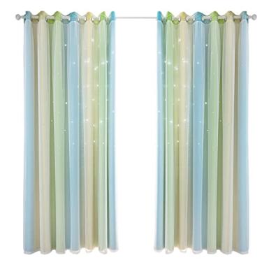 Imagem de Cortina de Isolamento e Bloqueio Luz em Camadas com Padrão Estrela Furada Gradiente Simples 2 Peças para Quarto Sala Estar
