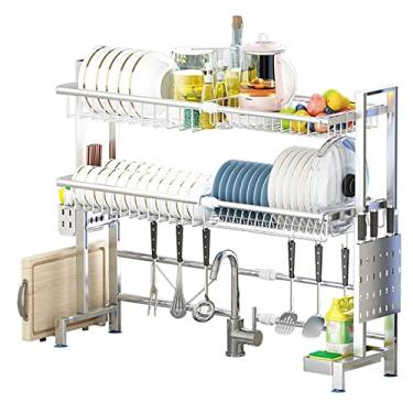 Imagem de Escorredor de louça ajustável (58-93 cm), prateleira de armazenamento multifuncional de aço inoxidável para cozinha com suporte de faca suporte de tábua de corte
