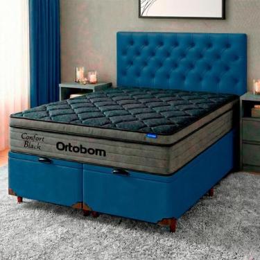 Imagem de Cama Box Bau Azul + Cabeceira + Colchão Queen Confort Black Ortobom