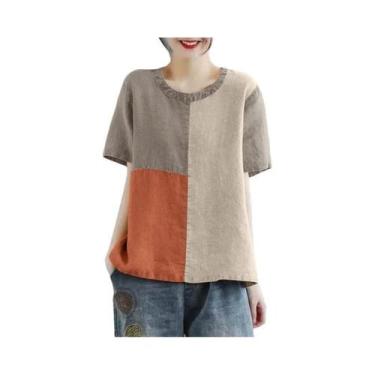 Imagem de Blusa Feminina De Algodão E Linho Com Patchwork Verão 2024 Manga Curta