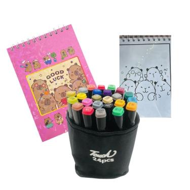 Imagem de Canetinhas 24 Cores Com Livro Pintar Capivara Fofa Colorir Desenho Divertido 50 Folhas Pintura Relaxante