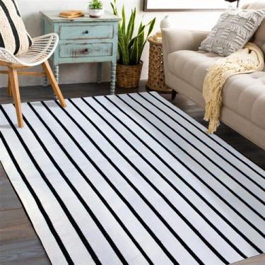 Imagem de Tapete De Sala Mandacaru 1,50 X 1,50 Algodão Lavavel em Maquina Cru Com Listras Preto