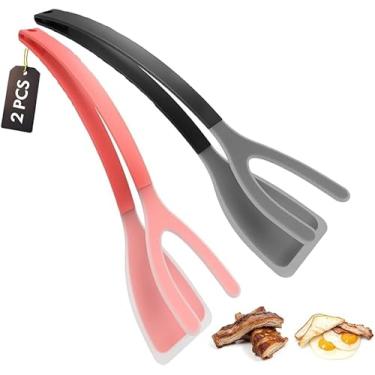 Imagem de Pinça de espátula de cozinha de silicone (conjunto de 2) – Pinça antiaderente 2 em 1 resistente ao calor para panquecas, peixes, ovos e mais – Conjunto de ferramentas de cozinha (preto + vermelho)