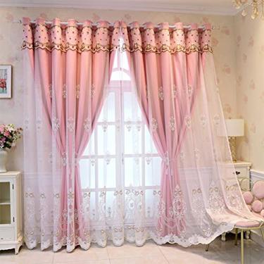 Imagem de Cortina blecaute de camada dupla para sala de estar, quarto de menina, infantil, combinação de blecaute, combinação de renda, bordado de voile, painel de cortinas, cortina de ilhós, isolamento térmico