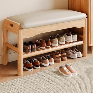 Imagem de Banco de entrada de madeira natural com armazenamento - Rack organizador de sapatos à prova de intempéries com almofada de assento acolchoada para sala de estar, quarto, corredor e uso ao ar livre