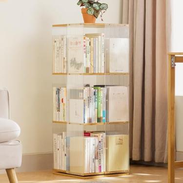 Imagem de Torre de estante giratória de 360°, estante quadrada com visor de acrílico, prateleira de livros estreita de chão para sala de jogos, quarto e sala de estar - 3 níveis 33,8 cm x 33,8 cm x 93 cm