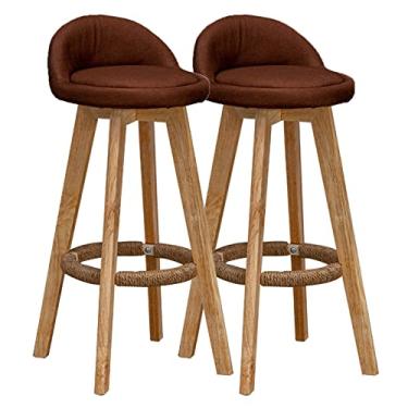 Imagem de Conjunto de 2 bancos de bar de madeira - Bancos de bar com encosto baixo com moldura de madeira e apoio para os pés para cozinha, pub, cafeteria - cadeiras de bar de café da manhã