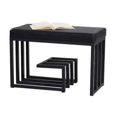 Imagem de Banco de sapato moderno de 2 níveis, rack de armazenamento de entrada de metal preto com assento acolchoado acolchoado, organizador de sapatos elegante para corredor, entrada ou mudroom