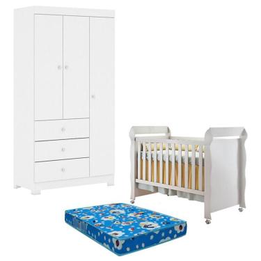 Imagem de Berço Americano Mirelle E Guarda Roupa 3 Portas Duda Branco Brilho Com Colchão Ortobom - Phoenix Baby