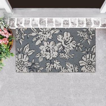 Imagem de Laura Ashley Capacho de fibra natural com design floral de íris azul claro antiderrapante - 44,5 cm x 76,2 cm - Tapete de fibra natural para entrada