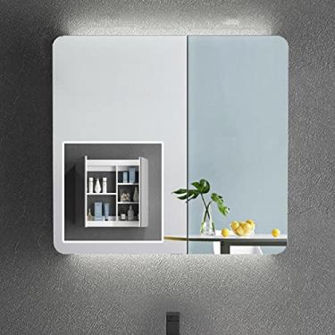 Imagem de AKALNNB Armário de remédios com espelho armário de banheiro luzes LED armário de banheiro montado na parede espelho cosmético pintado de madeira maciça com luzes cabine superior e inferior