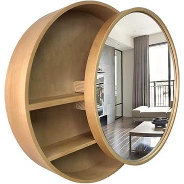 Imagem de AKALNNB Armários espelhados, espelho de parede, banheiro, madeira maciça, espelho de banheiro, espelho de parede com prateleira, espelho de vaso sanitário, espelho redondo