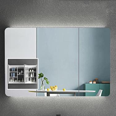 Imagem de AKALNNB Armário de remédios com espelho armário de banheiro luzes LED armário de banheiro montado na parede espelho cosmético pintado de madeira maciça com luzes cabine superior e inferior