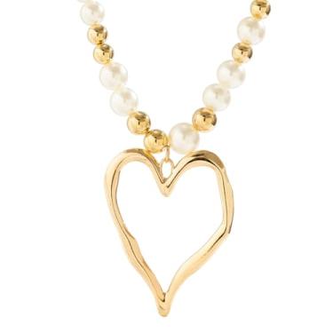 Imagem de Colar de coração de ouro grosso para mulheres, colar de coração grande, colares de pérolas, colares em camadas, corrente de declaração, colar charmoso, joias modernas, Zinco, Sem Pedra Preciosa