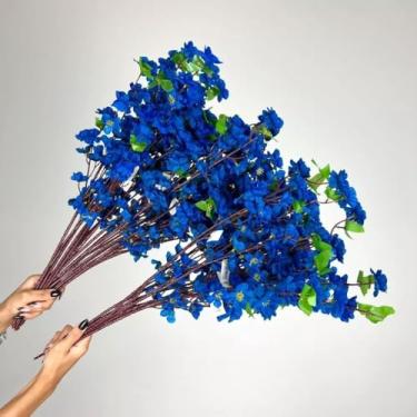 Imagem de Kit Buquê de Flores de Cerejeira Artificial Estilo Oriental Decoração 65cm(Azul Escuro,Kit com 40 Unidades)