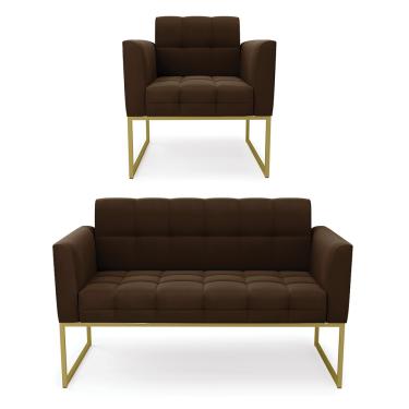 Imagem de Kit 1 Sofá Namoradeira e 1 Poltrona Elisa Suede Marrom Base Metálica Industrial Dourado - D'Rossi