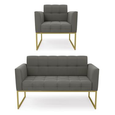 Imagem de Kit 1 Sofá Namoradeira e 1 Poltrona Elisa Suede Grafite Base Metálica Industrial Dourado D03 - D'Rossi