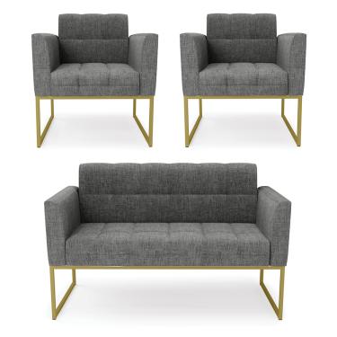Imagem de Kit 1 Sofá Namoradeira e 2 Poltronas Elisa Linho Grafite A26 Base Metálica Industrial Dourado D03 - D'Rossi
