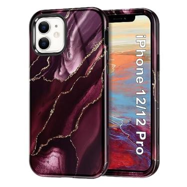 Imagem de Btscase Capa para iPhone 12/iPhone 12 Pro, capa de mármore de três camadas resistente à prova de choque de corpo inteiro PC rígido + TPU macio proteção contra quedas mulheres meninas capa para iPhone 12/12 Pro, vinho tinto