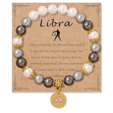 Imagem de Pulseira de signos do zodíaco, pulseira do zodíaco para mulheres e homens, ajustável, 12 constelações, pulseira elástica com contas brancas e cinzas, pulseira elástica de constelação, joias de