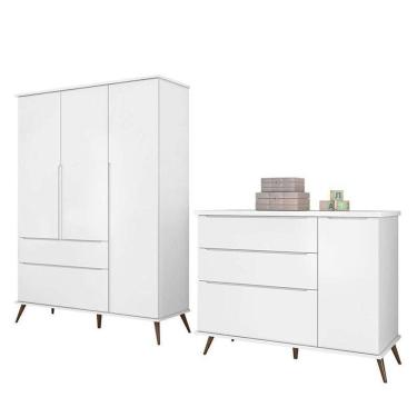 Imagem de Jogo De Quarto Infantil Retrô Melinda Guarda Roupa E Cômoda Com Porta Branco - Phoenix Baby Branco